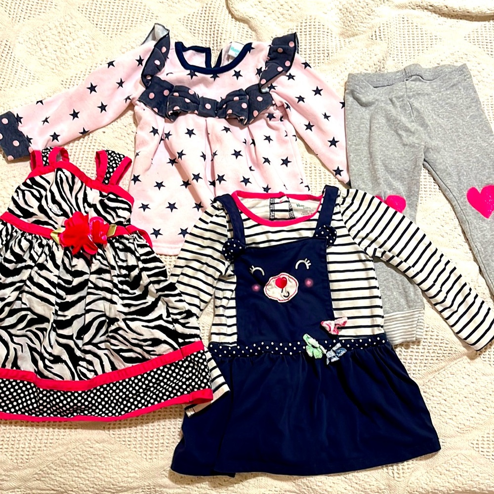 Set of 4 Toddler Baby Girl Clothes Lot. Contrast Patterns. Tops and Pant.